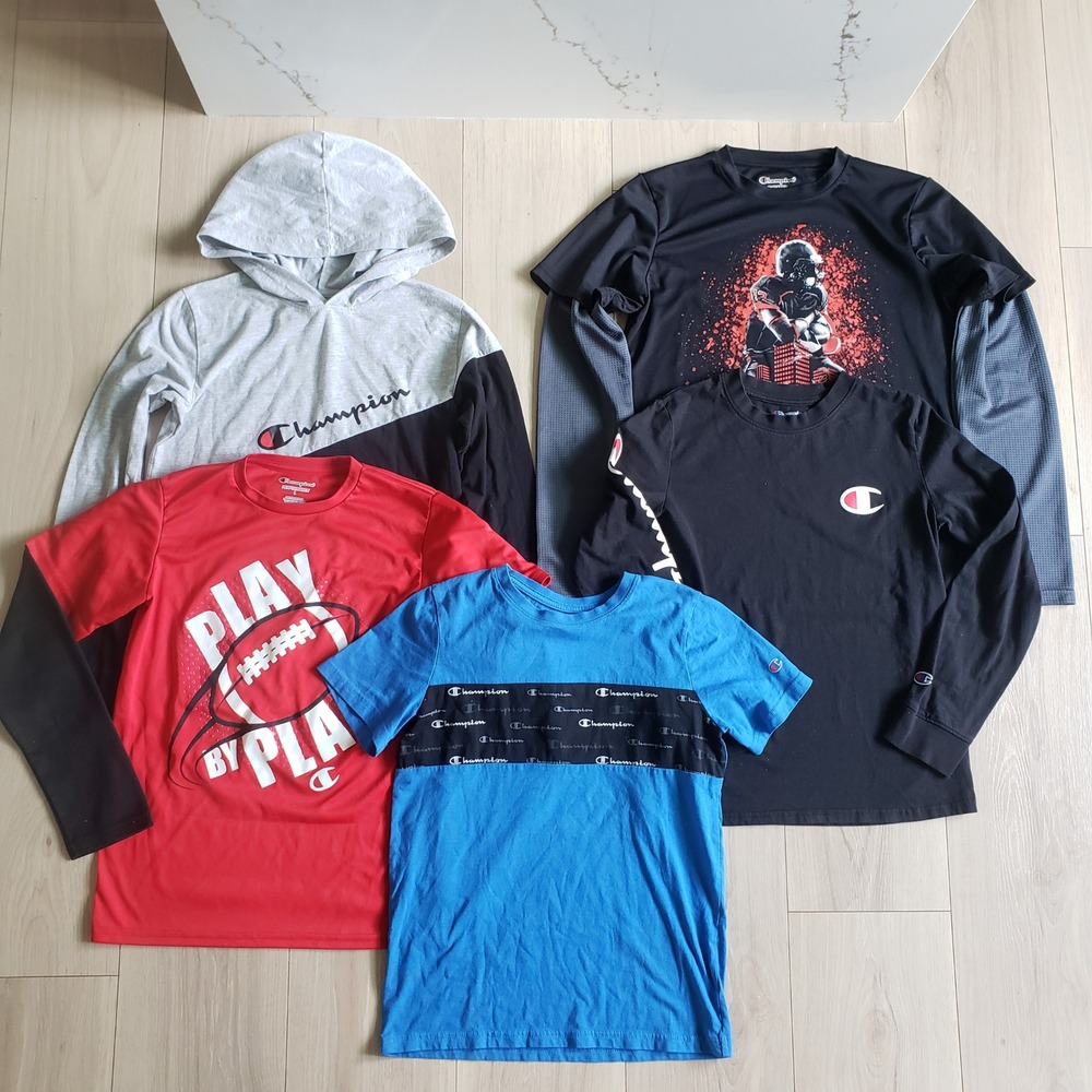 Champion Shirts Lot Boys L XL‎ Red Blue Black Grey Hoodie Long Sleeve Tee 5pc